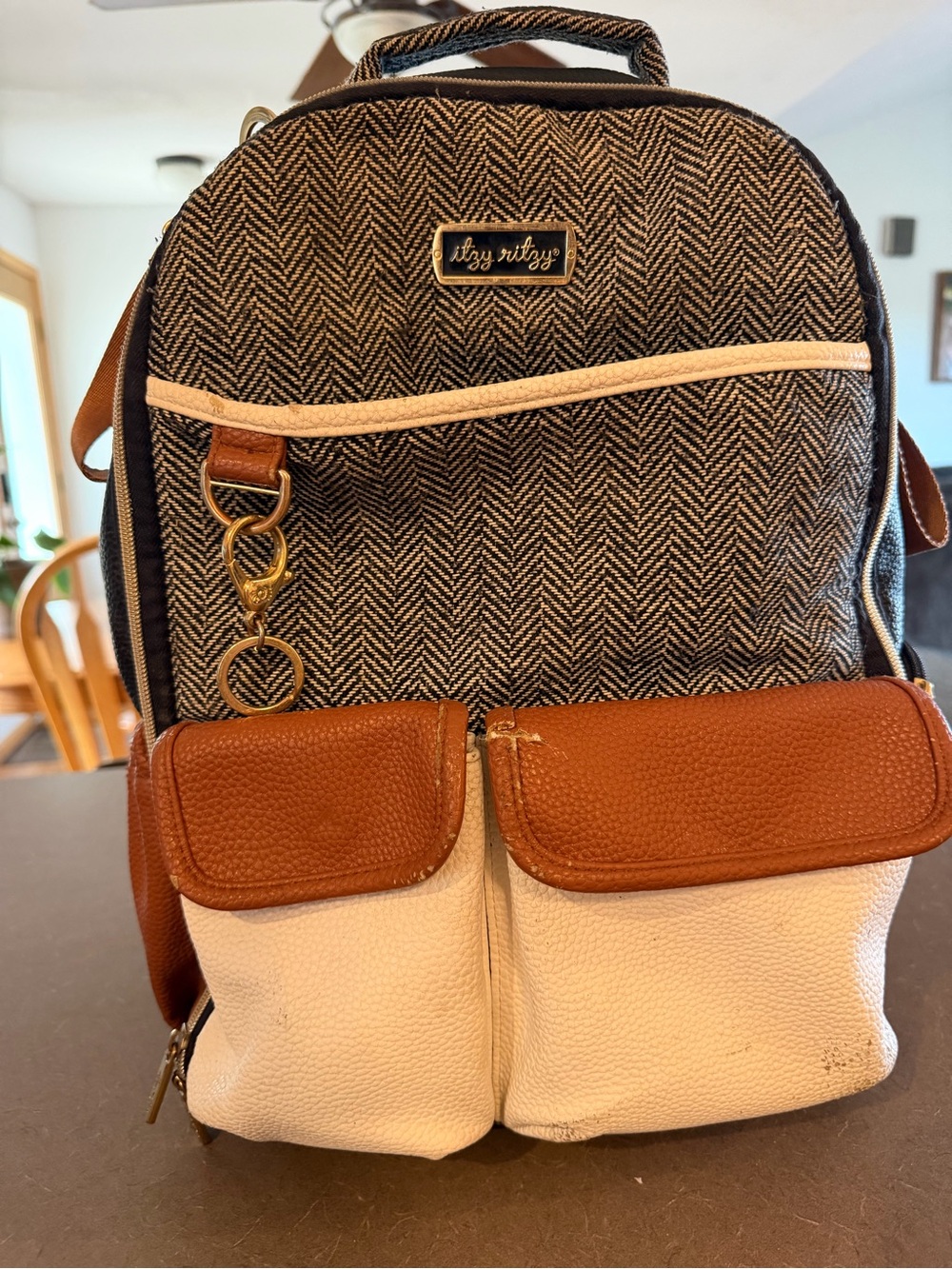 Itzy Ritzy Herringbone Black & Cream Backpack Tote